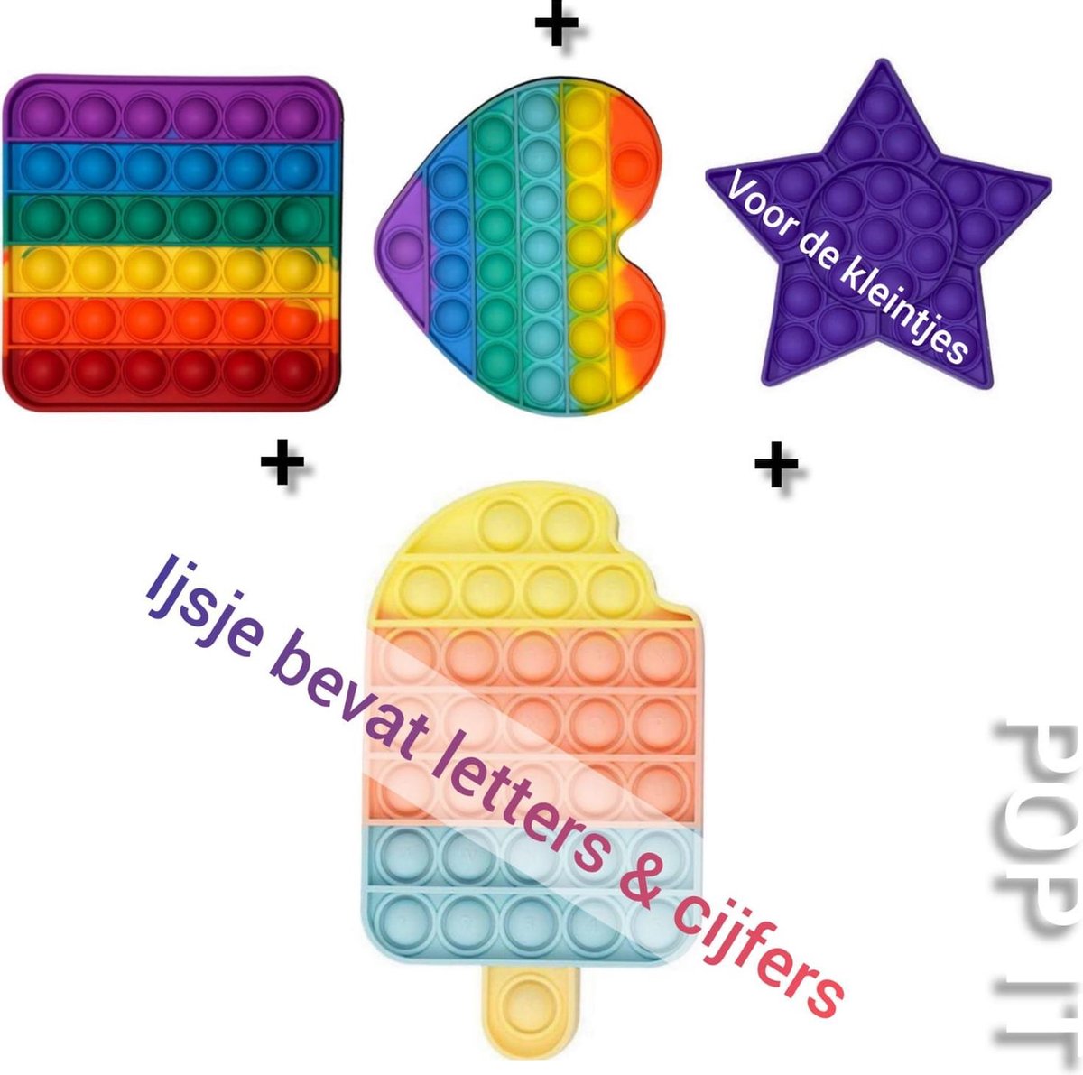 Pop It | Fidget toys | Pakket van 4 stuks | Regenboog vierkant + Rainbow hartje + Ster paars + Multi ijsje *ijsje bevat letters en cijfers | Speelgoed meisjes + jongens + volwassen | Pop It | Fidget toy